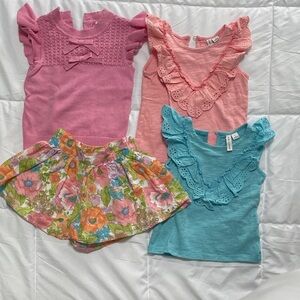 Janie and Jack Pink, Coral and Aqua Eyelet Ruffle Tops with Floral Skort